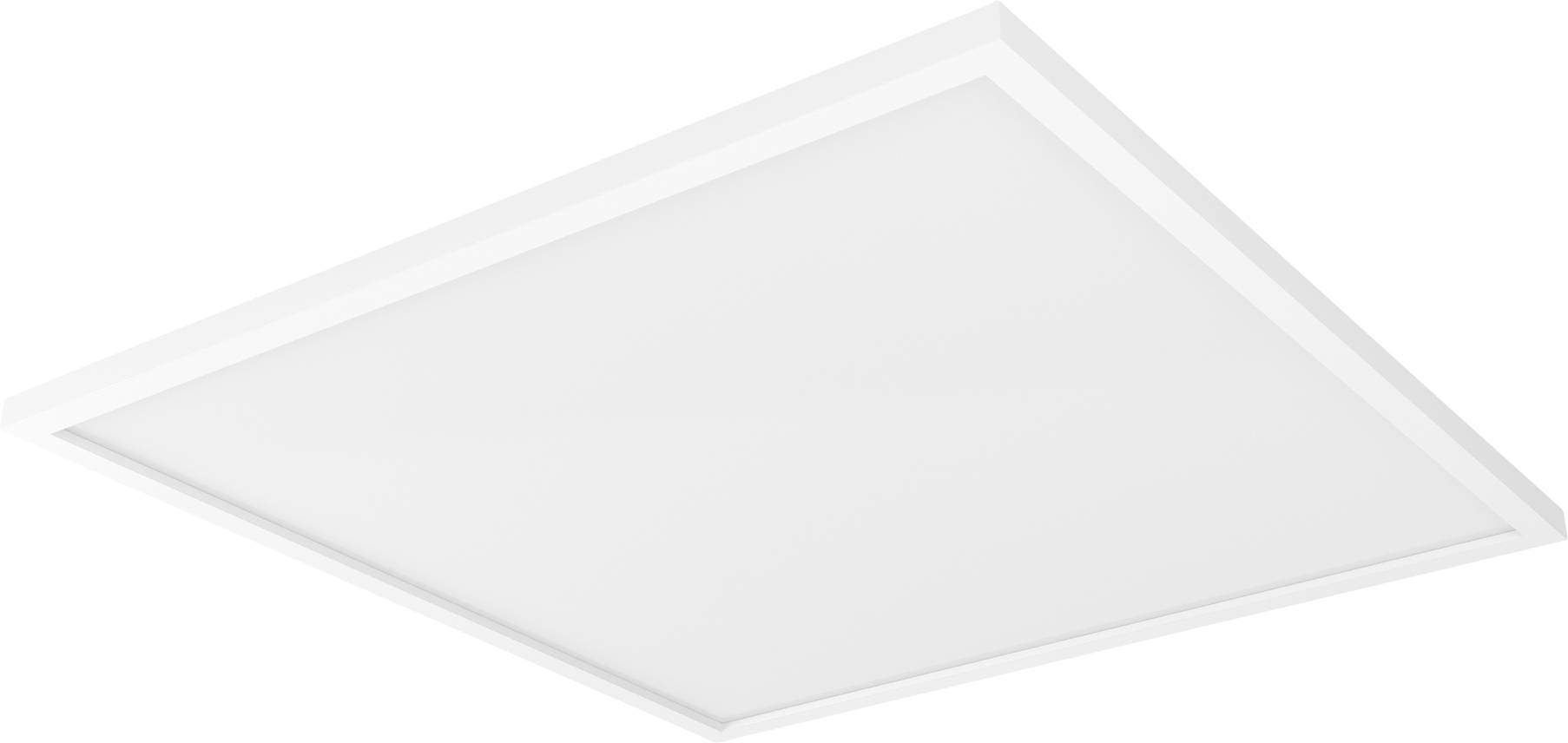 Een platte, vierkante paneellamp met een wit frame en een gediffuseerde oppervlakte, ontworpen voor montage in het plafond.