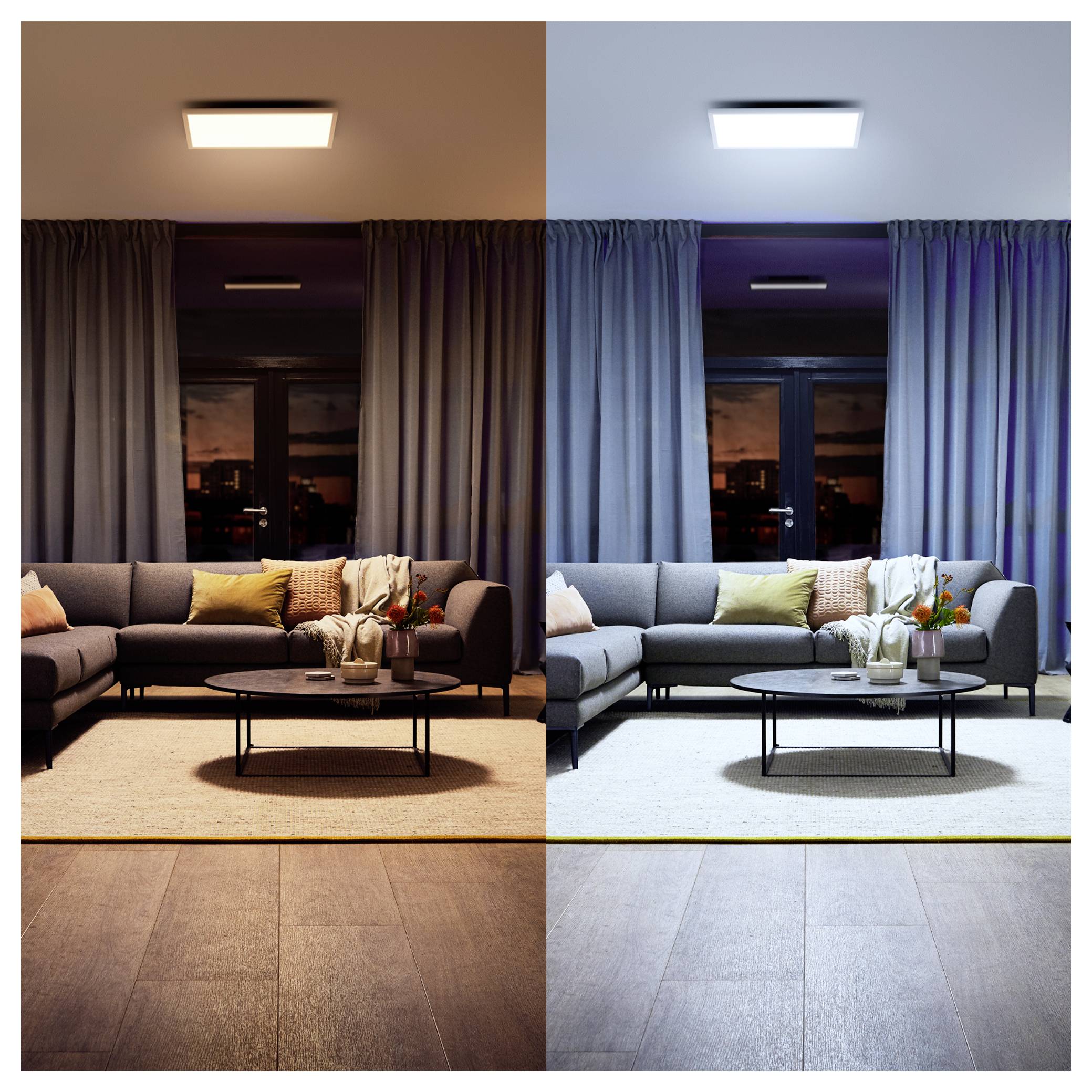 Een woonkamer wordt getoond in twee lichtinstellingen. De linkerkant heeft warm licht, waardoor een gezellige sfeer ontstaat. De rechterkant heeft koel licht, wat een helder en strak uiterlijk geeft.