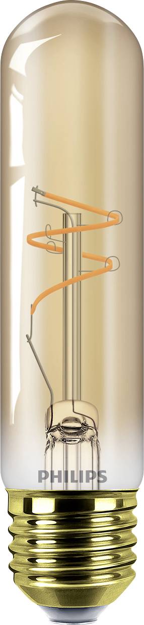 Een heldere cilindrische gloeilamp met zichtbare gloeidraad en een metalen voet, gemerkt met 'Philips'.