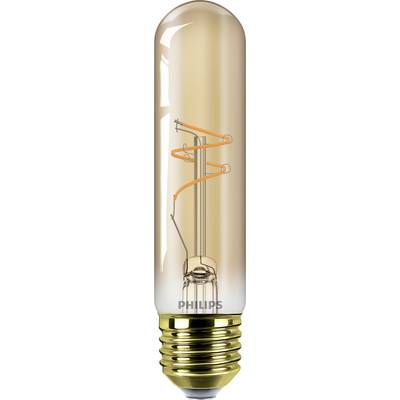Een heldere cilindrische gloeilamp met zichtbare gloeidraad en een metalen voet, gemerkt met 'Philips'.