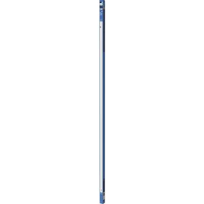 Een slanke, blauw-witte cilindervormige pen met een metalen clip, rechtop gezet tegen een neutrale achtergrond.
