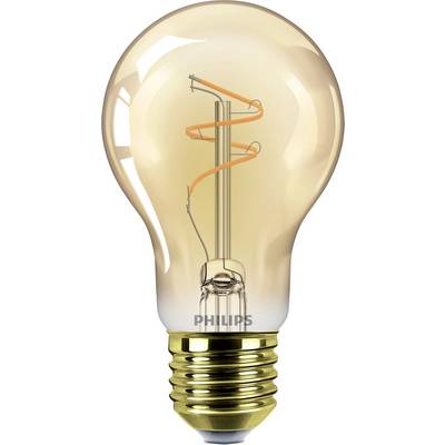 Een Philips LED-lamp met een zichtbare spiraalvormige gloeidraad binnenin en een gouden schroefvoet.