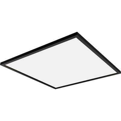 Een rechthoekig LED-paneel met een zwart frame, bekeken van onderen, waarbij het egale oppervlak en het moderne design zichtbaar zijn.