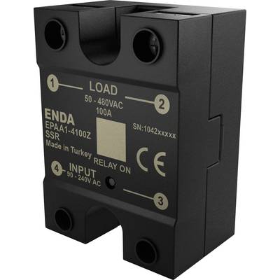 Solid-state relais, model ENDA EPAA1-4100Z, voor 50-480VAC belasting, 90-240VAC invoer. Gemarkeerd als 'Made in Turkey', met CE-certificering.