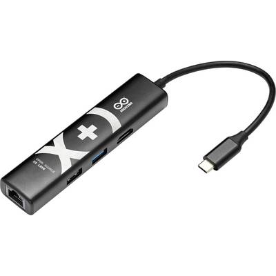Zwarte USB-C hub/dongle met meerdere poorten, inclusief USB-A, HDMI, Ethernet en een SD-kaartlezer, verbonden via een korte kabel.