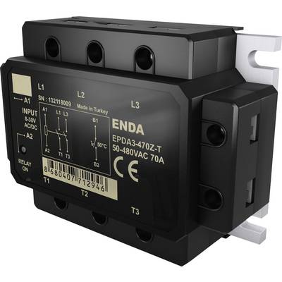 Een zwarte END3A470Z-T module voorzien van invoer- en relaisaansluitingen, met terminaletiketten L1, L2, L3 en andere, wat wijst op een capaciteit van 50-480VAC 70A.