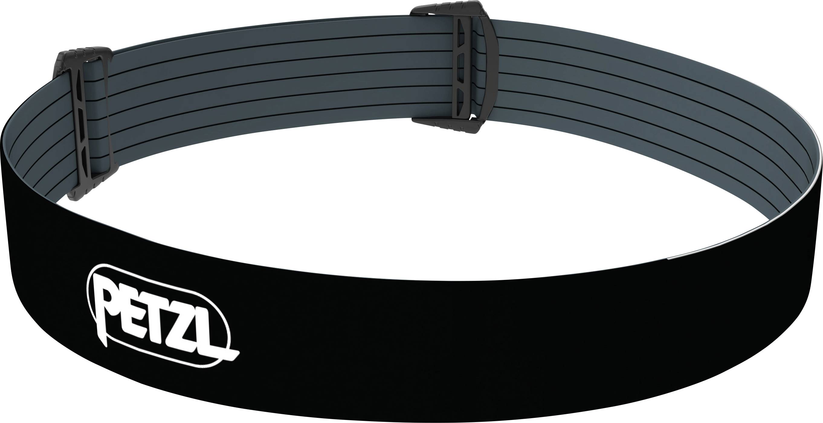 Een zwarte hoofdband met het 'Petzl' logo in het wit. Hij heeft een verstelbare band en is ontworpen voor het bevestigen van hoofdlampen.