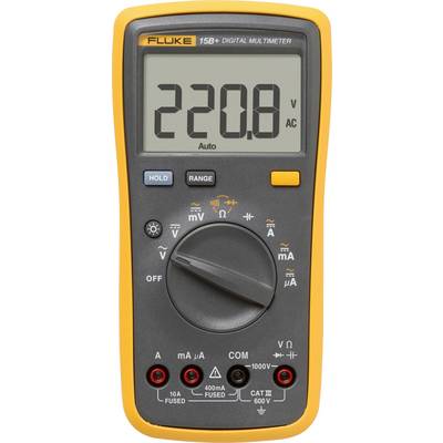 Het scherm van een digitale multimeter toont een aflezing van 220,8 volt wisselstroom. De draaiknop staat ingesteld op het meten van spanning, waarbij opties voor andere metingen zichtbaar zijn.