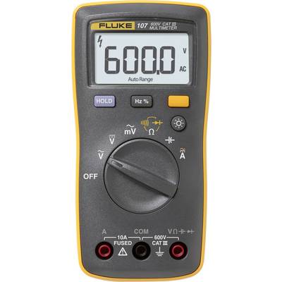 Een digitale multimeter die '600,0 V AC' aangeeft met een draaibare schakelaar voor het meten van spanning, stroom en weerstand, en verschillende invoercontactdozen.