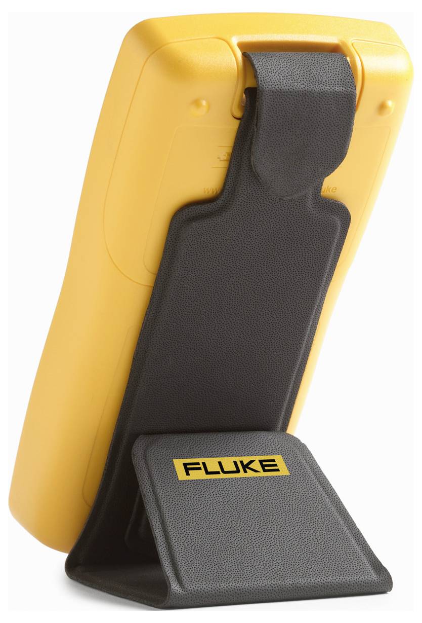 Een gele draagbare apparaat met een zwarte standaard en 'FLUKE' label, ontworpen voor metingen of testdoeleinden, gezien van achteren.