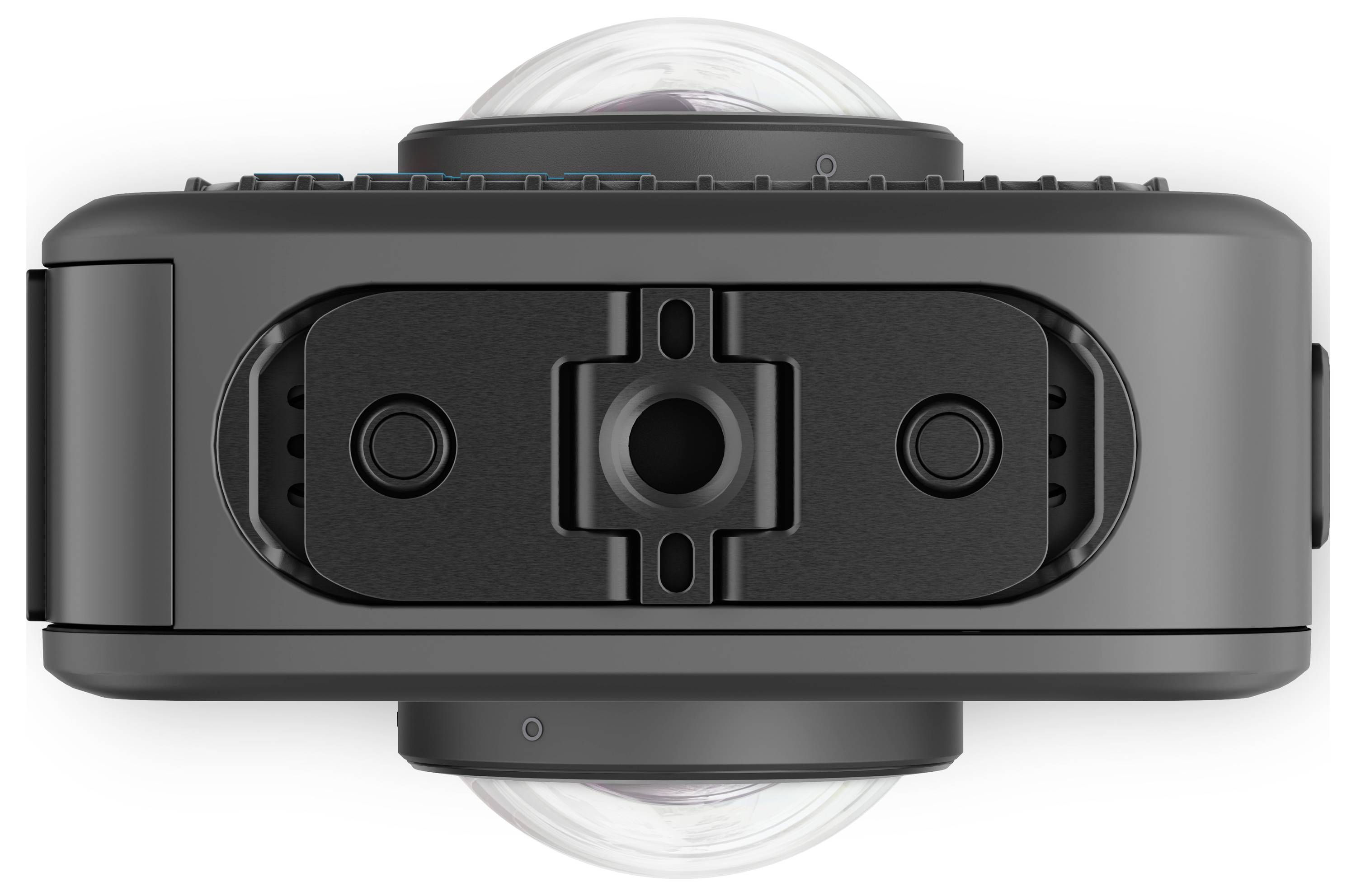 Een zwarte camera gezien van bovenaf, met een rond objectief bovenop en nog een objectief dat iets uitsteekt aan de onderkant. Het ontwerp is geschikt voor 360-graden beeldvorming.