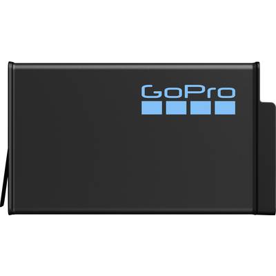 Een GoPro camerabatterij met een zwarte behuizing en het blauwe GoPro-logo met vier vierkante pictogrammen aan de voorkant.