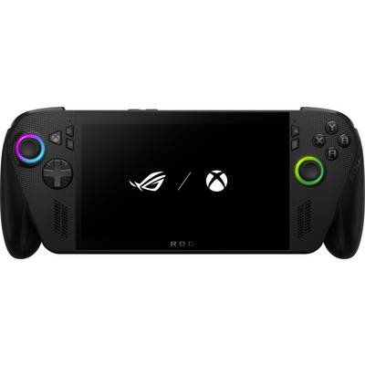 Een draagbare gameconsole met een groot centraal scherm, joystickbesturing met gekleurde ringen, en de logo's 'ROG' en 'Xbox' op het scherm.
