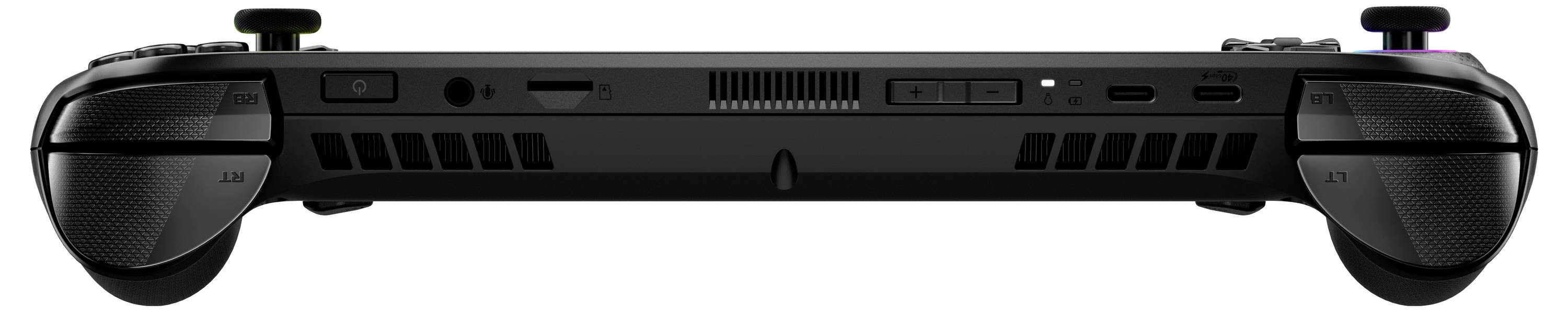 De afbeelding toont de achterkant van een draagbare gamingapparaat, met verschillende poorten en ventilatieopeningen, bekeken vanuit een rechte invalshoek.