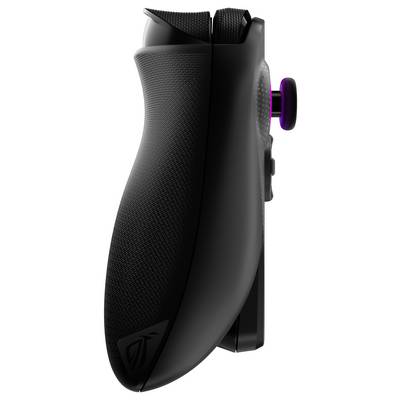 Een strak, zwart gaming-controller gezien van opzij, waarbij het ergonomische handvat wordt getoond en een paars geaccentueerde knop, waarbij comfort en stijl worden benadrukt.