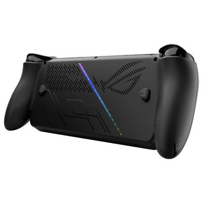 Achteraanzicht van een gamecontroller met een gestructureerde grip, voorzien van een diagonale LED-strip die van kleur verandert en onderscheidende gegraveerde patronen.
