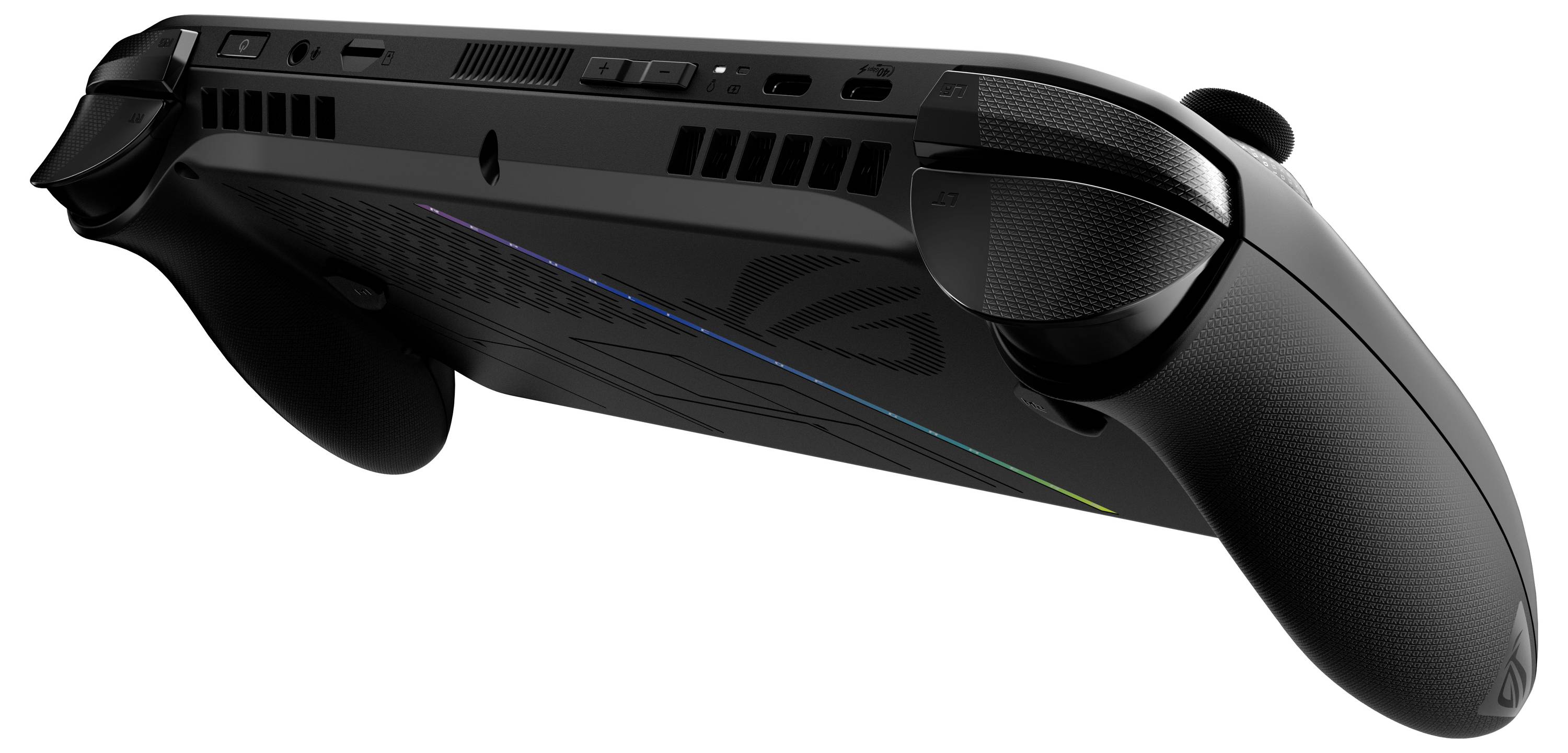 Een zwarte draagbare gameconsole met ergonomische handgrepen wordt getoond vanuit een lage hoek. Strakke vormgeving en ventilatie-details zijn zichtbaar.