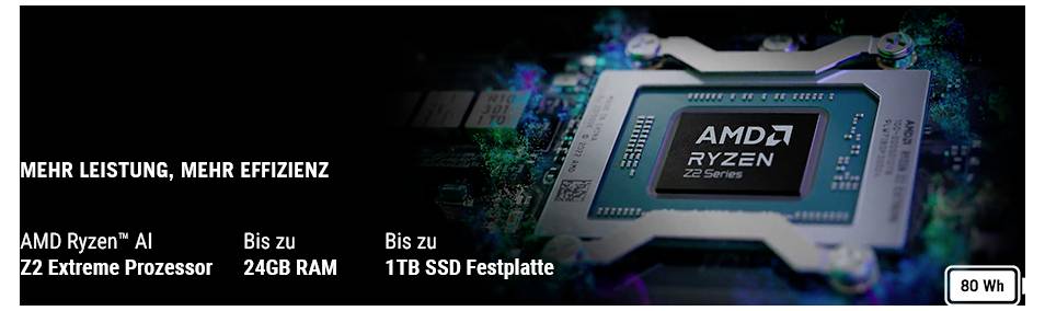 AMD Ryzen AI Z2 serie processorkaart met tekst: 'Meer prestaties, meer efficiëntie'. Kenmerken: tot 24GB RAM, 1TB SSD.