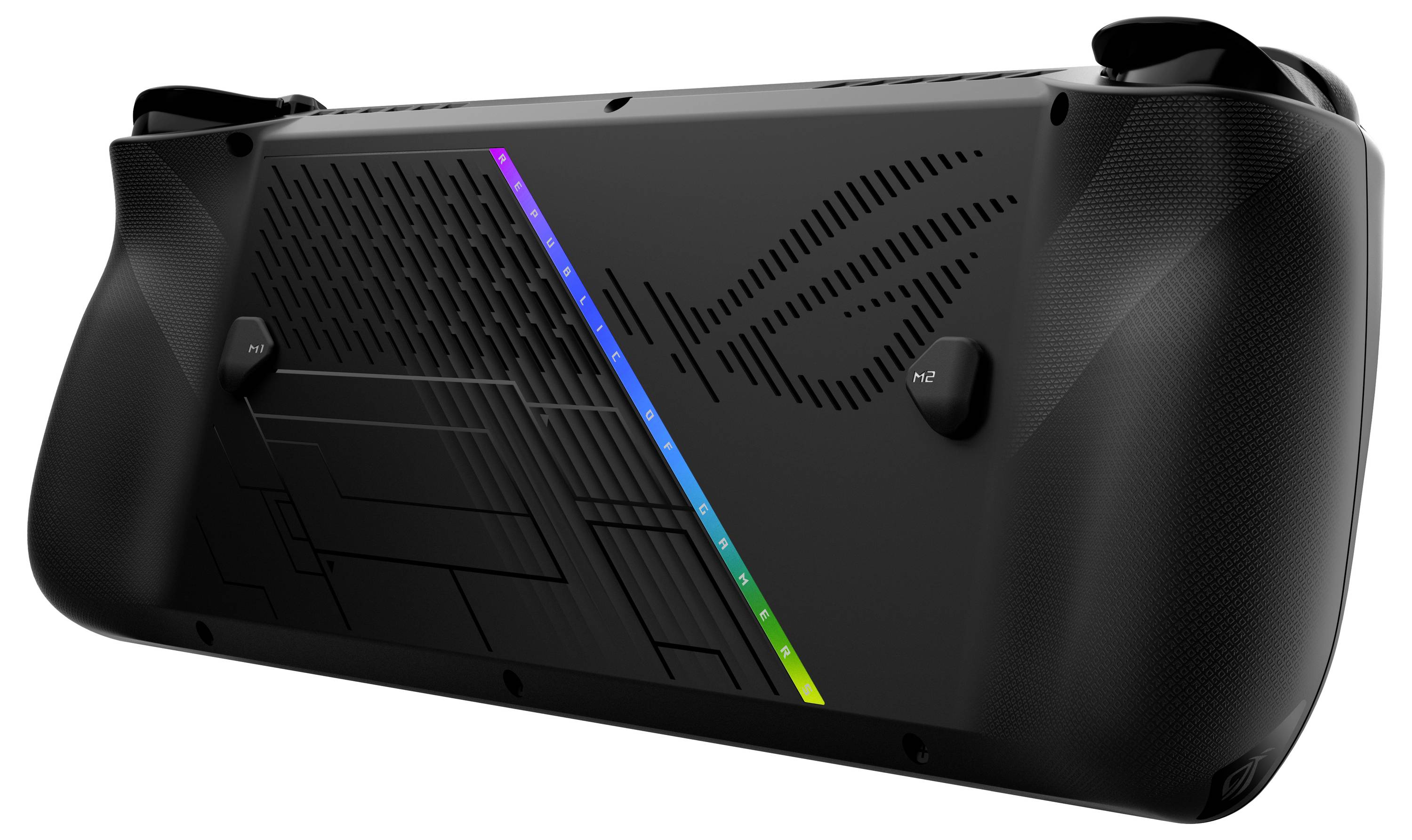 De afbeelding toont de achterkant van een zwarte handheld gamingapparaat met gestructureerde grepen, knoppen met de labels 'P1' en 'P2', en een diagonale RGB-lichtstrip.
