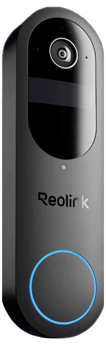 Een zwarte videodeurbel met een cameralens en de merknaam 'Reolink' zichtbaar. De onderkant heeft een blauw verlichte ringknop.