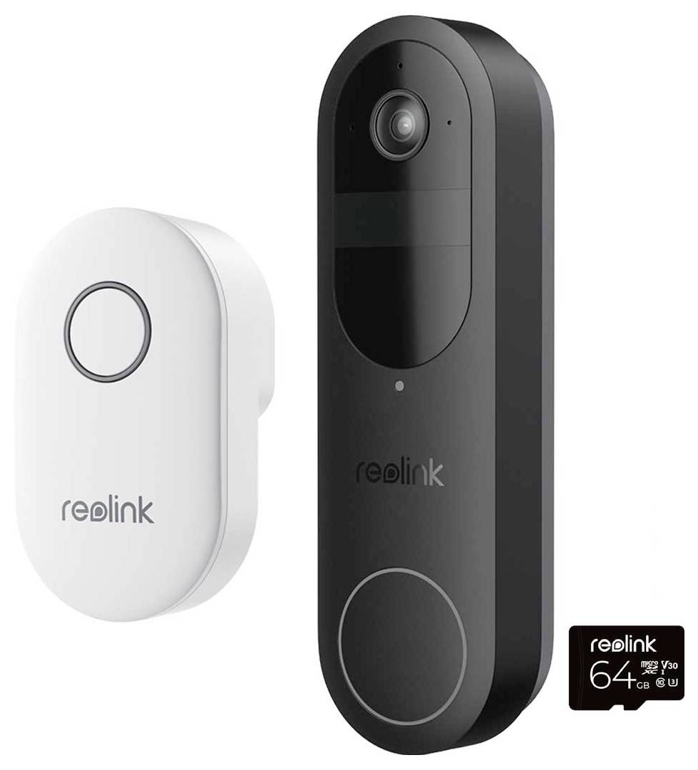 Zwarte Reolink deurbel met camera naast een witte knop-eenheid. Inclusief een label met een opslagcapaciteit van '64 GB'.