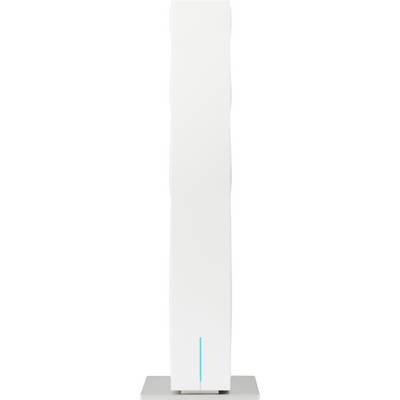 Een lange, slanke, witte elektronische apparaat met een blauwe indicatorlamp nabij de onderkant, die verticaal staat op een zilveren voet.