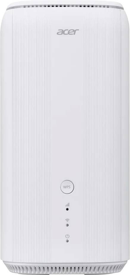Een witte Acer-router met verticale lijnen, voorzien van een WPS-knop en indicatorlampjes voor stroom en connectiviteit.