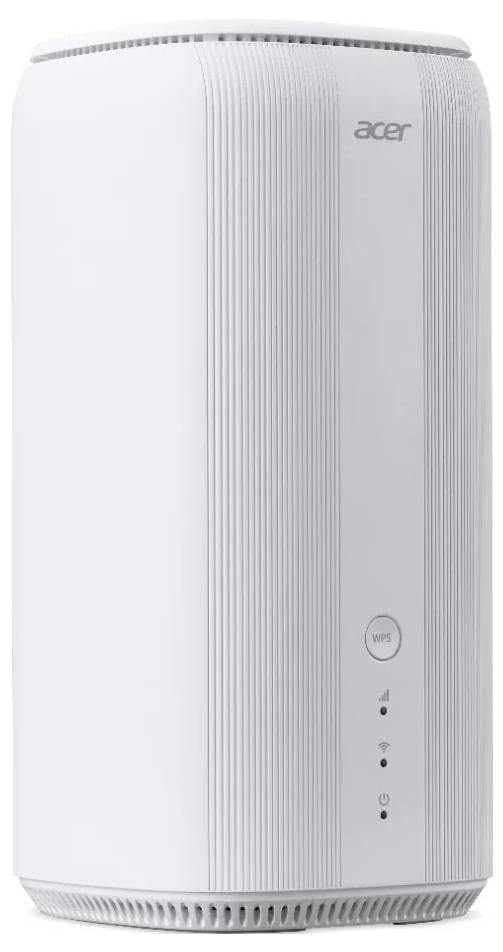 Acer-merkgebonden witte, cilindrische luchtreiniger met verticale groeven, bedieningsknoppen aan de voorkant en LED-indicatoren.