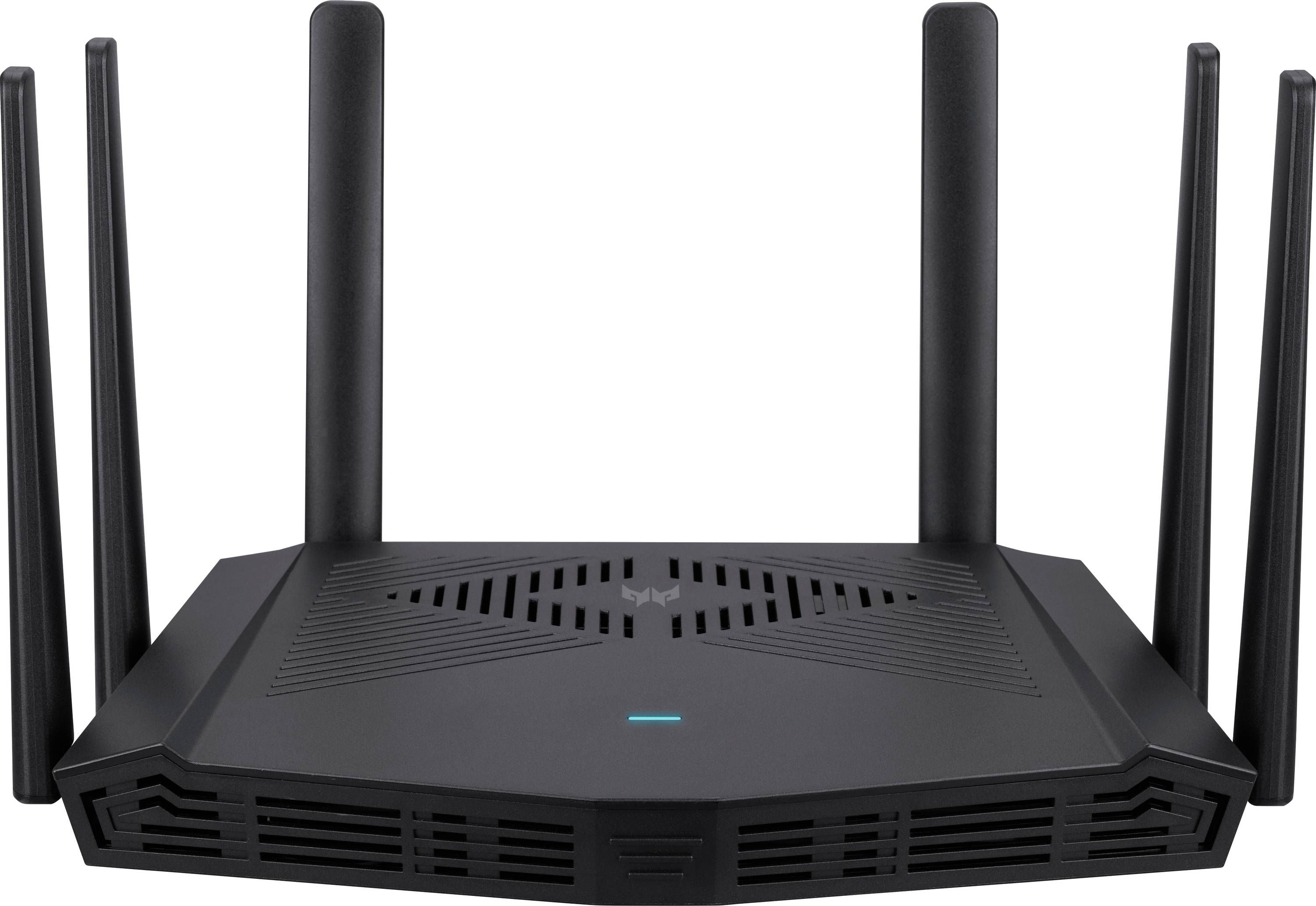 Een slanke, zwarte Wi-Fi-router met acht antennes, ontworpen voor verbeterde draadloze netwerkprestaties en dekking.