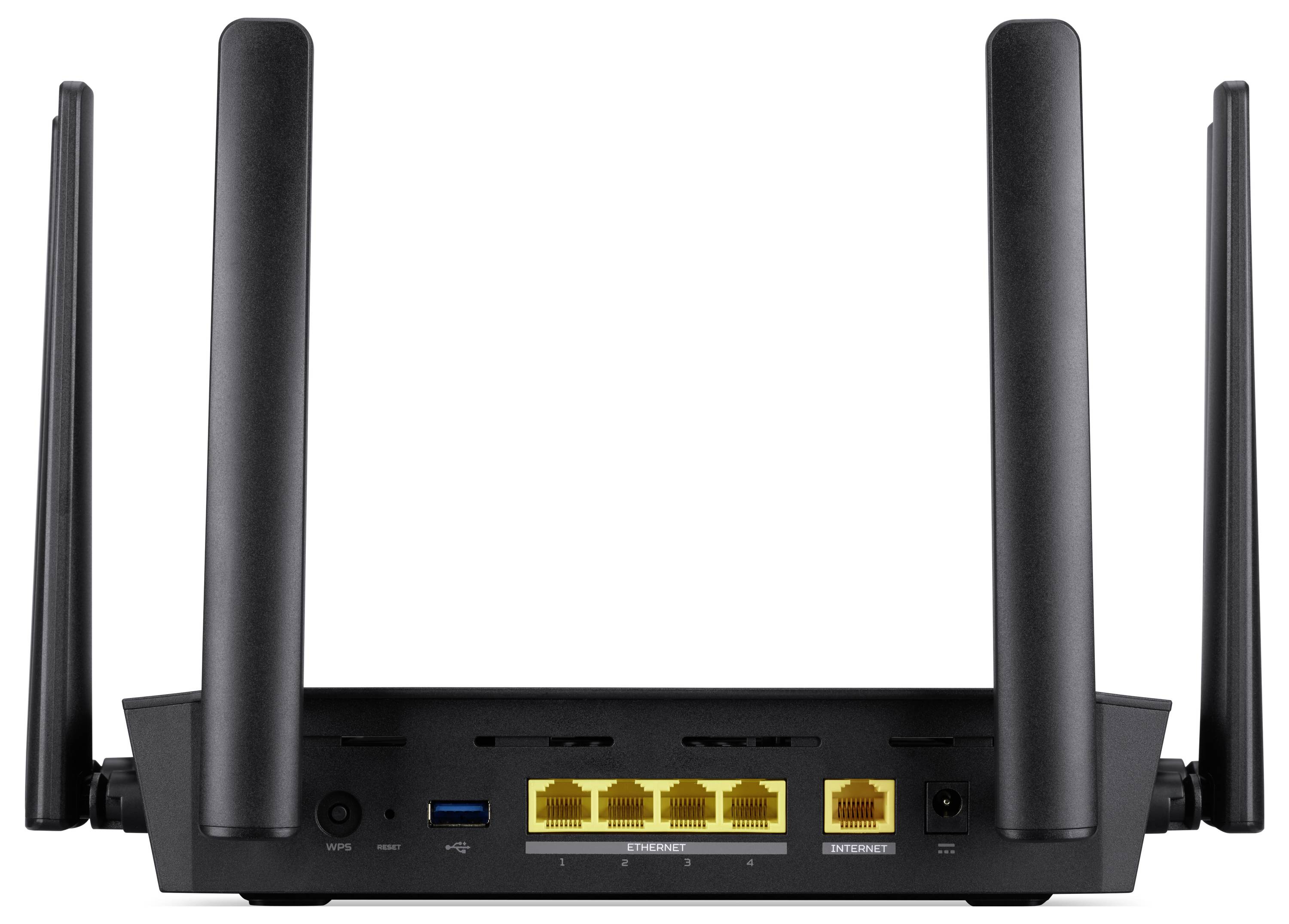 Een zwarte draadloze router met vier antennes, voorzien van vier gele Ethernet-poorten, een USB-poort en andere connectiviteitsopties aan de achterkant.