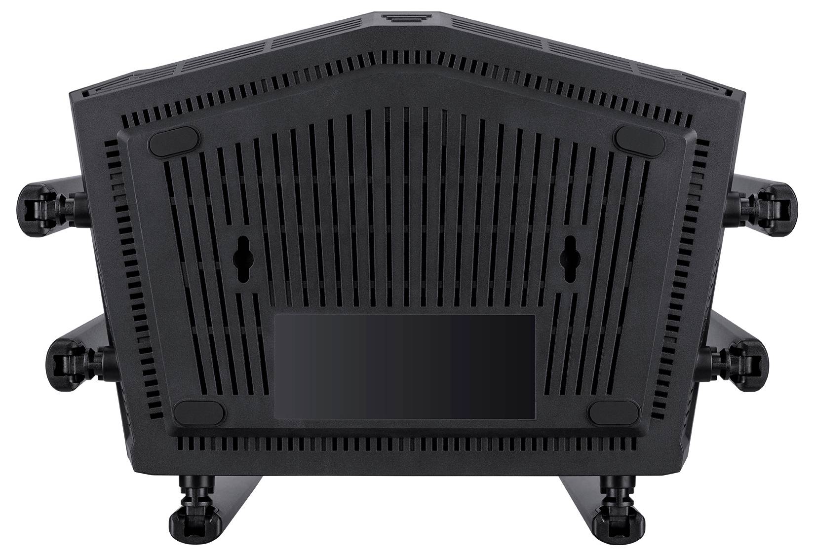De afbeelding toont de onderkant van een zwarte elektronische router met ventilatiesleuven en bevestigingsgaten. De router heeft verschillende antennes die naar buiten uitsteken.