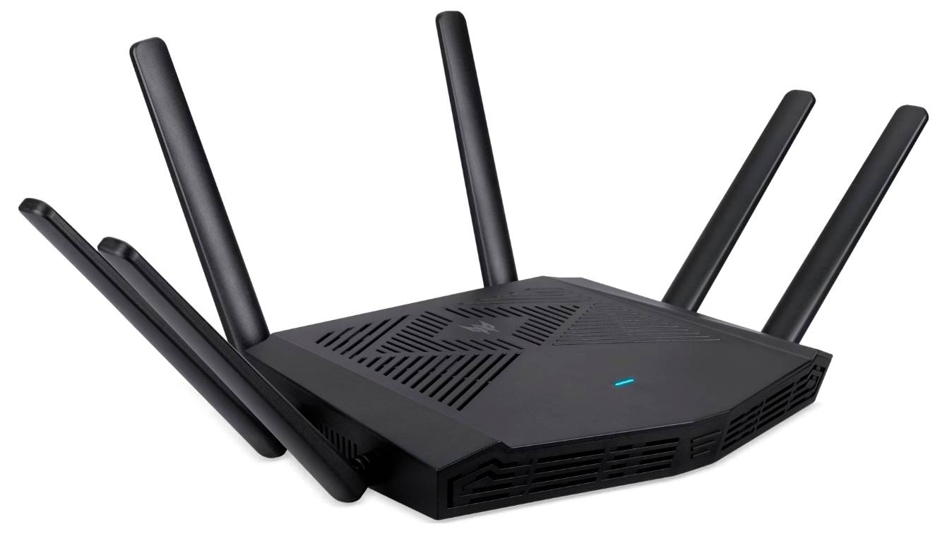 Een zwarte Wi-Fi-router met zes antennes die op een vlak oppervlak is geplaatst, wat een modern, high-performance ontwerp aangeeft.