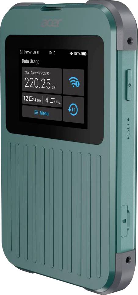 Een petrolblauw draagbaar Wi-Fi-hotspotapparaat met een digitaal display dat het gegevensverbruik van 220,25 GB, de datum, tijd, signaalsterkte en optiemenu weergeeft.