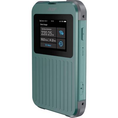 Een petrolblauw draagbaar Wi-Fi-hotspotapparaat met een digitaal display dat het gegevensverbruik van 220,25 GB, de datum, tijd, signaalsterkte en optiemenu weergeeft.