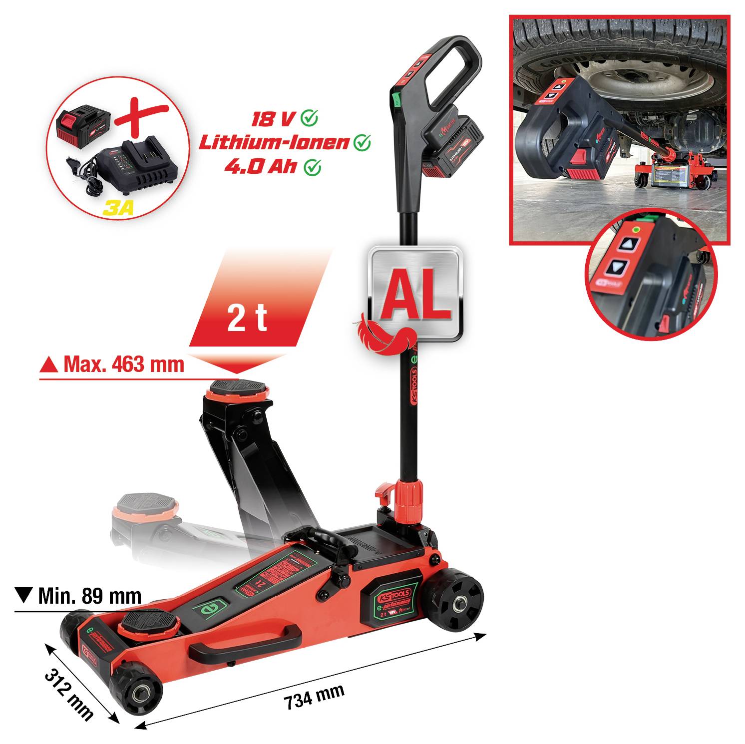 Rode en zwarte hydraulische autosteun geschikt voor maximaal 2 ton, uitgerust met een elektronisch bedieningspaneel. Aangedreven door een 18V lithium-ion accu.