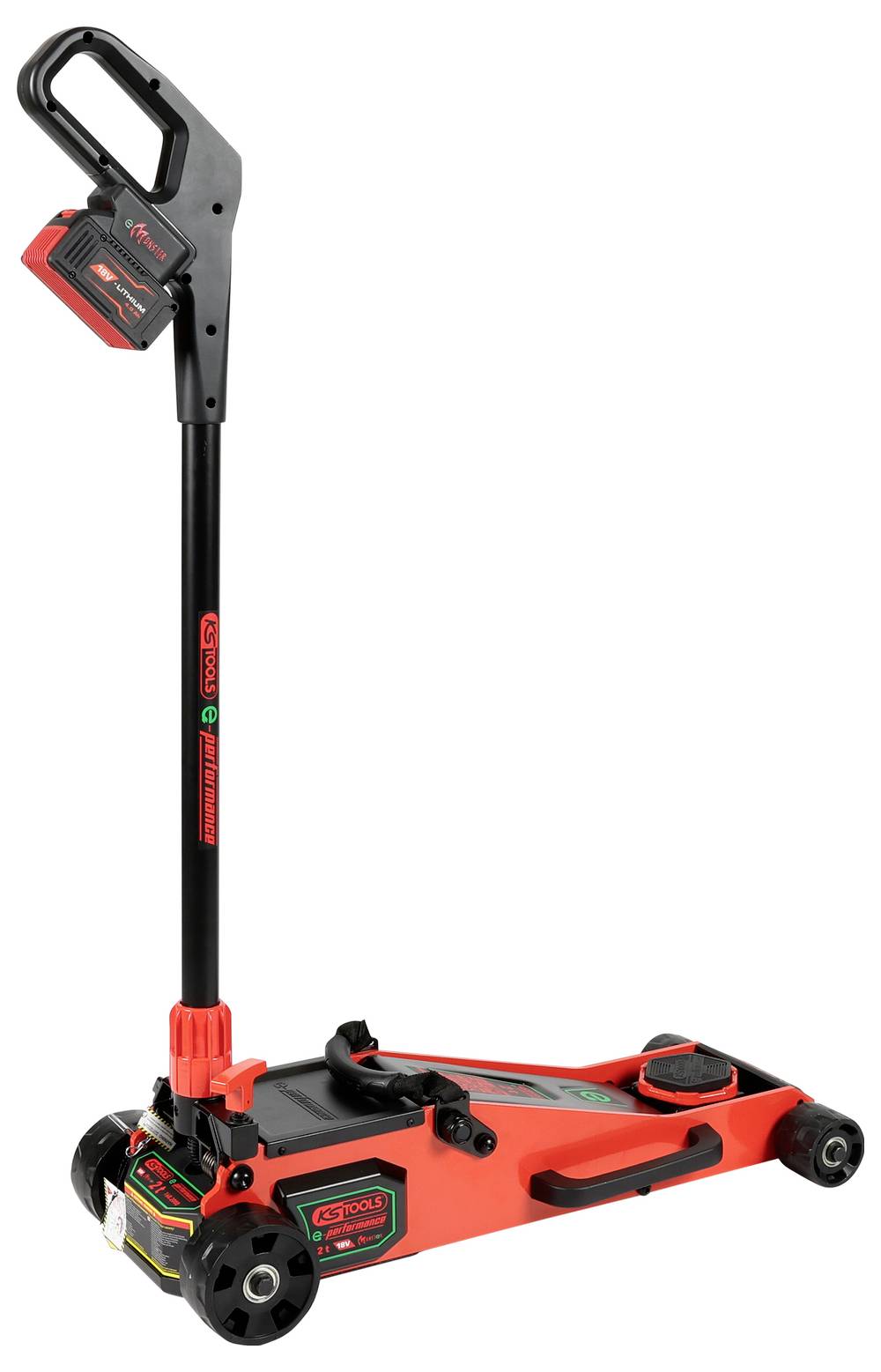 Een rode en zwarte elektrische vloerkrik met een lange steel en wielen, voorzien van een accupakket, gebruikt voor het optillen van voertuigen.