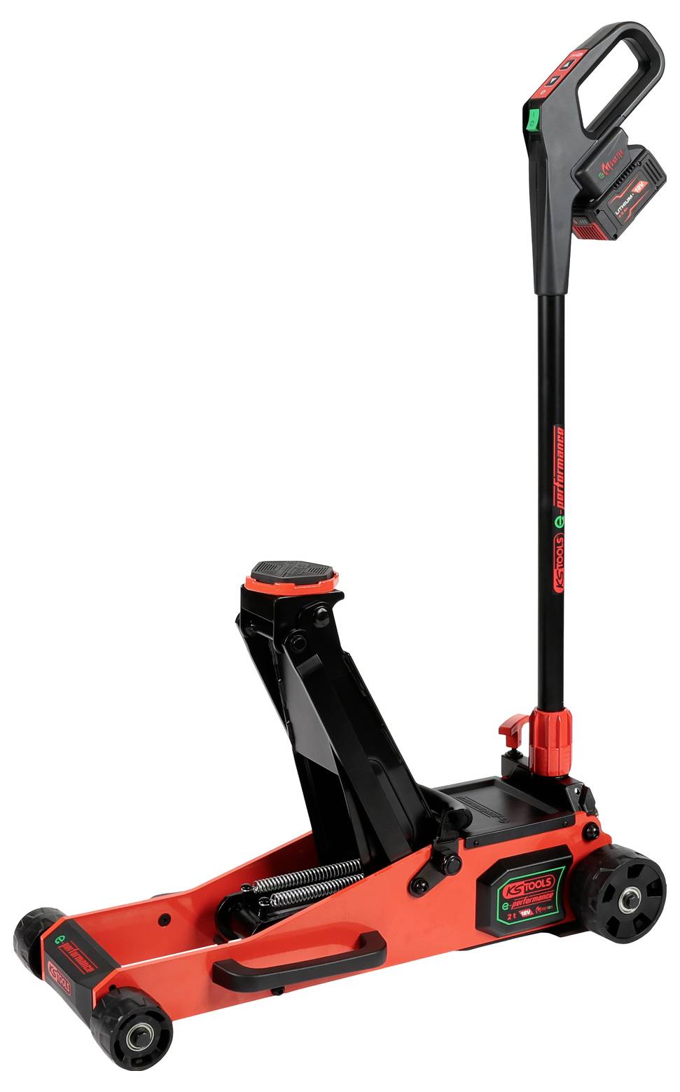 Rode en zwarte hydraulische vloerhefboom met een lange handgreep, gebruikt voor het optillen van voertuigen. Hij heeft een compacte ontwerp met wielen voor gemakkelijke verplaatsing.