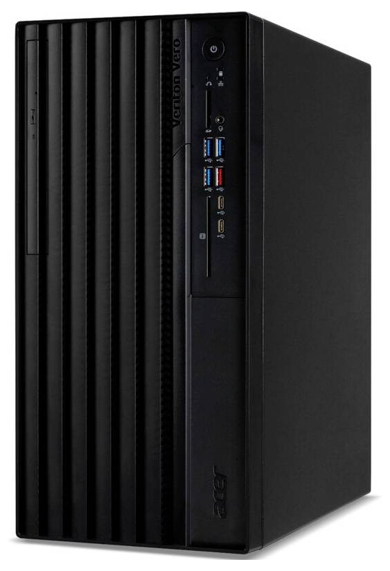 Een zwarte desktop computertoren met verticale groeven aan de linkerkant en verschillende USB-poorten en audioaansluitingen op het voorpaneel.