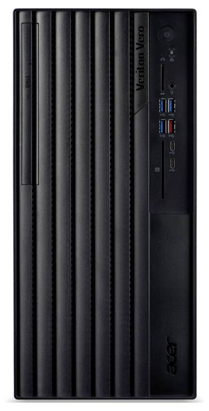 'Acer Veriton Vero' desktoptoren, verticale zwarte behuizing met USB-poorten aan de voorkant, cd-station en aan/uit-knop rechtsboven aan de zijkant.