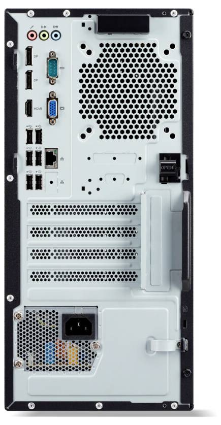 Achteraanzicht van een computerbehuizing met verschillende poorten zoals USB, HDMI, VGA en audioplugs, voorzien van ventilatiesleuven en een stopcontact.