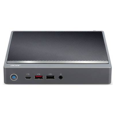 Compacte desktopcomputer met gestructureerde bovenkant, voorzien van een aan/uit-knop, USB-poorten en een audiaaansluiting op het voorpaneel.