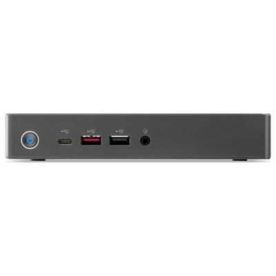 Een kleine, rechthoekige elektronische apparaat met een aan/uit-knop, USB-poorten en een koptelefoonaansluiting op het voorpaneel; geen zichtbaar merklogo.