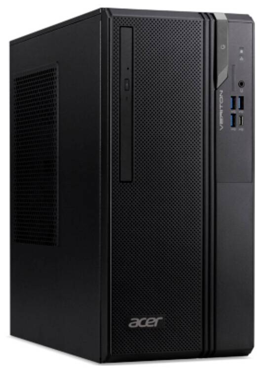 Een strakke zwarte Acer desktopcomputer-toren met ventilatieroosters, meerdere USB-poorten en het "Veriton"-label op het voorpaneel.