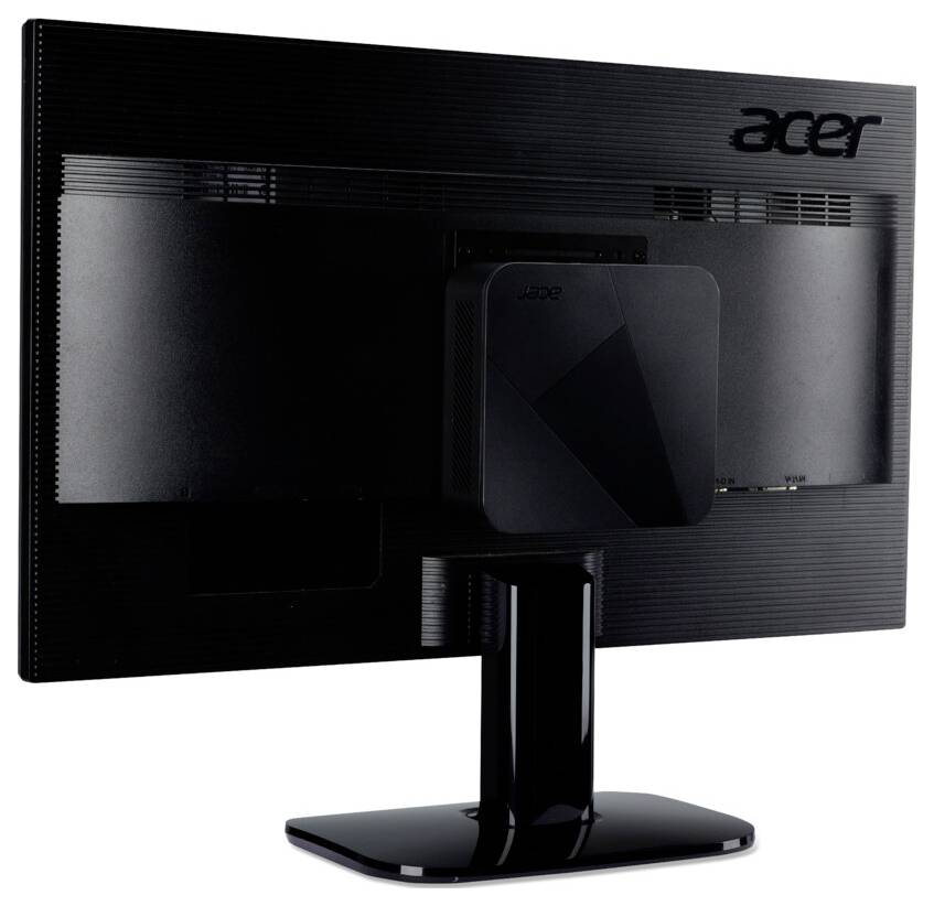 Een zwarte Acer computermonitor gezien van achteren, met een aangesloten thin client apparaat.