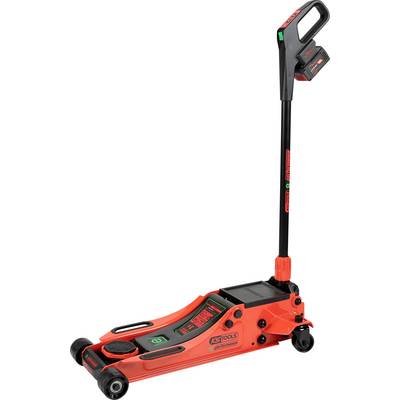 Rode hydraulische vloerkrik met lange handgreep, voorzien van wielen en een zwart KS Tools-logo aan de zijkant.