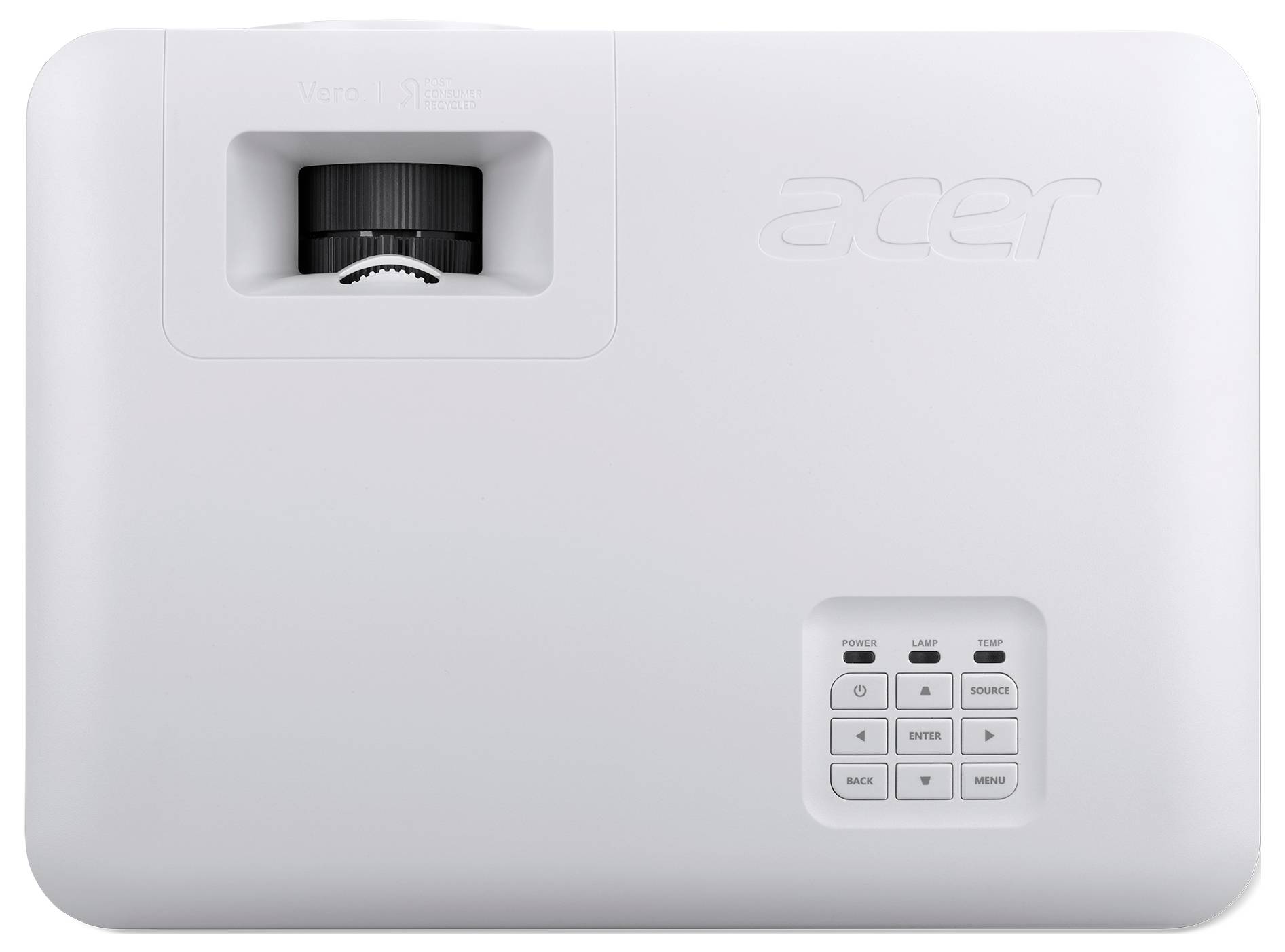 'Acer Vero' projector in wit met bovenregelbediening, inclusief aan/uit- en menuknop, en lensafstellingsknop.