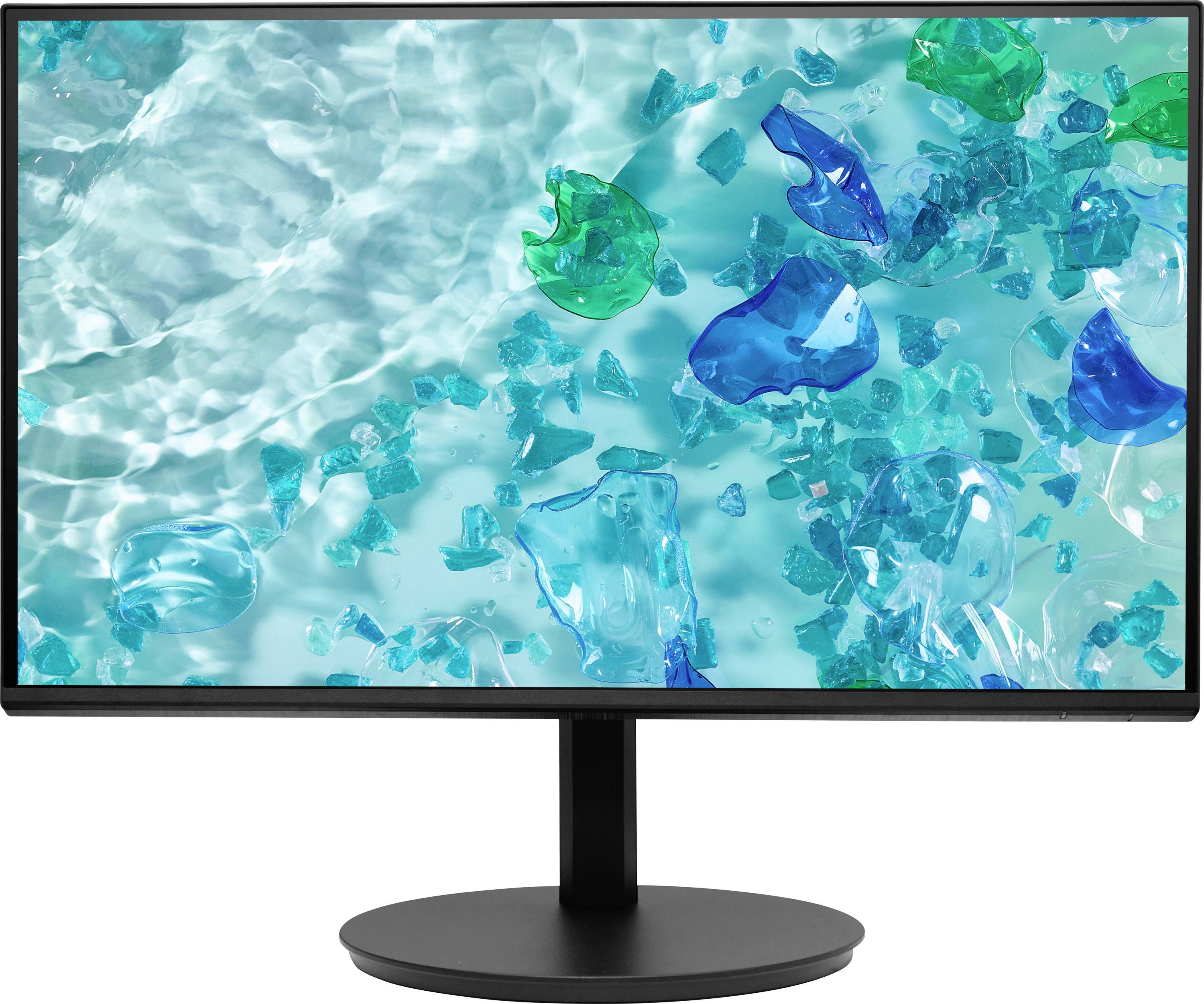 Een computermonitor vertoont een abstract beeld van blauwe en groene glasscherven die verspreid liggen op een reflecterende oppervlakte, gelijkend op water.