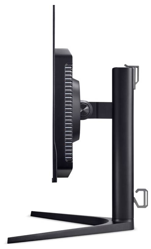 Zijaanzicht van een slanke, zwarte computermonitor op een standaard, met een dunne rand en een verstelbare kantelbeweging.