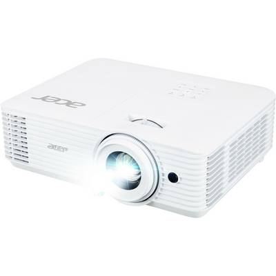 Een witte projector met een helder objectief projecteert licht, met merkenlogo's en bedieningsknoppen bovenop.
