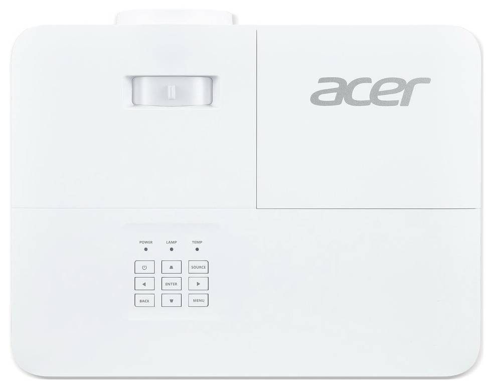 Een witte Acer-projector gezien van bovenaf, waarbij de bedieningsknoppen en het Acer-logo prominent op het oppervlak zichtbaar zijn.
